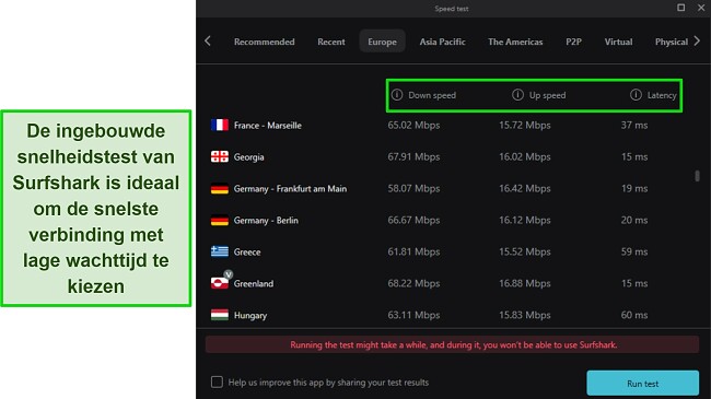 Snelste VPN's - Ingebouwde snelheidstest van Surfshark voor download-, upload-snelheid en latentie